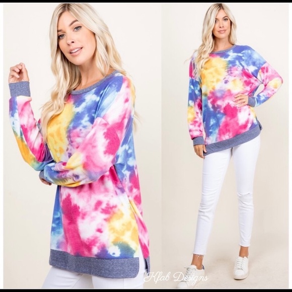 New! Tie Dye Waffle Knit Contrast Side Slit Band Relaxed Top - Picture 2 of 10